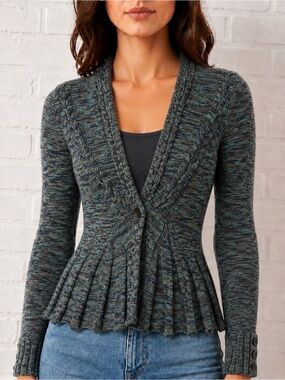 NIC+ZOE Teal Marled Cable Knit Peplum Cardigan Sweater Medium